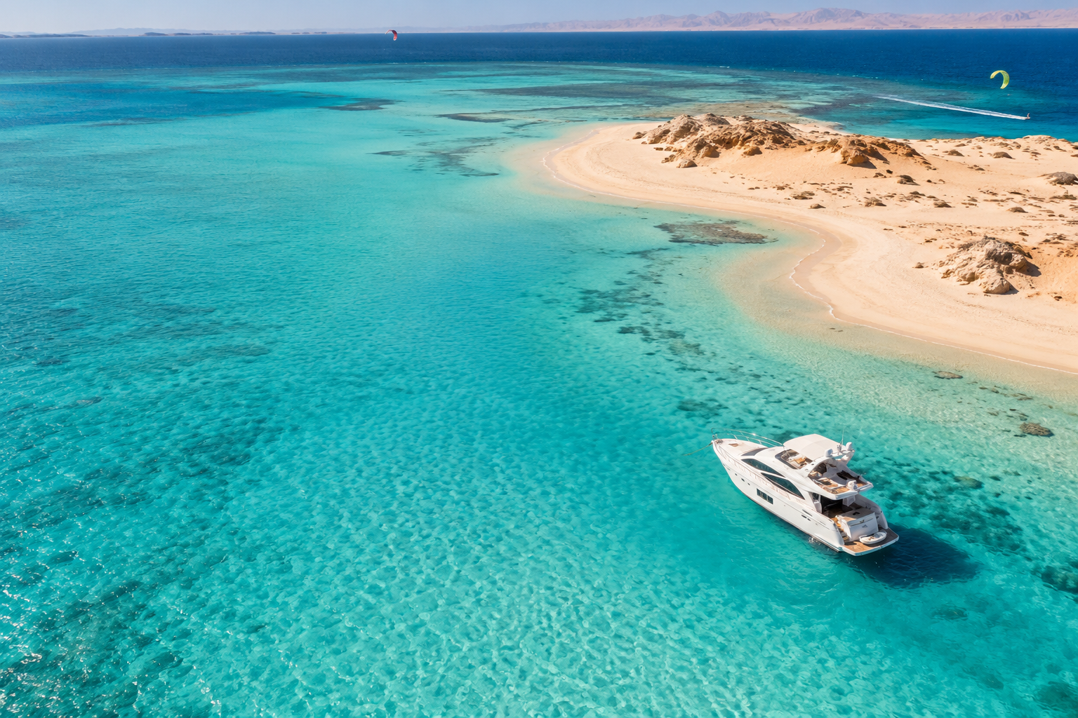 Illustration of a yacht beside a sandy Red Sea island